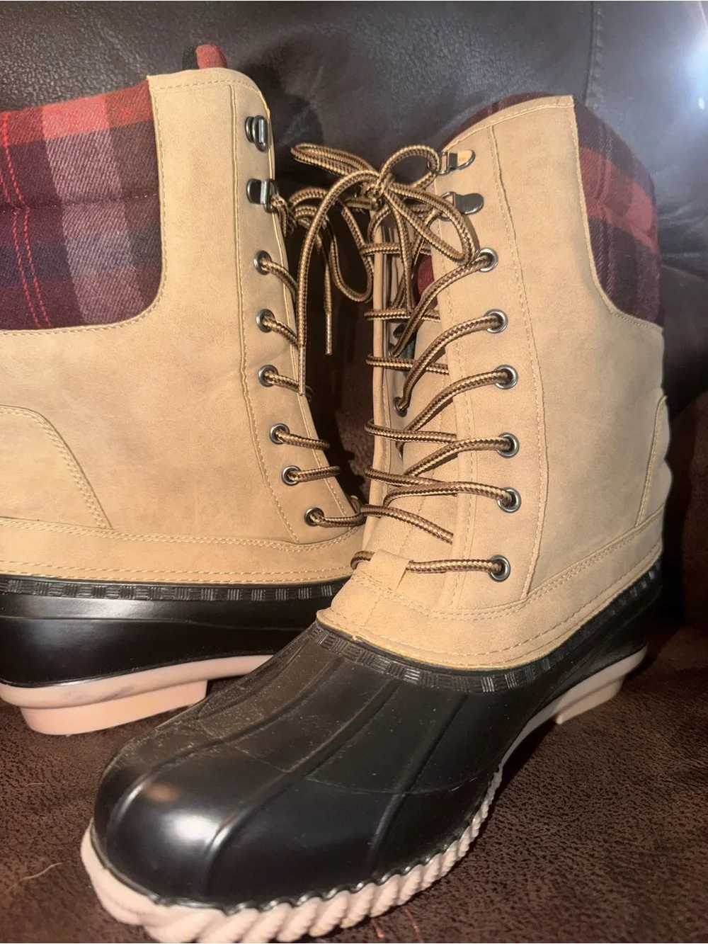 Classic Tan Duck Boots with Plaid Collar